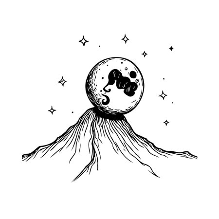 A captivating illustration portrays a luminous moon gracefully perched upon a mountain ridge beneath a twinkling night sky. The artwork evokes a sense of peace and wonder, ideal for designs needingのイラスト素材