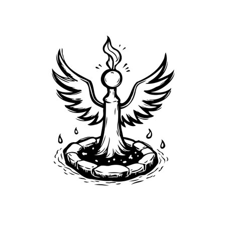 A stylized drawing depicts a flame rising from a stone fountain, framed by wings. The monochrome composition evokes a sense of spiritual guidance and enlightenment, suggesting a symbolic wellspringのイラスト素材