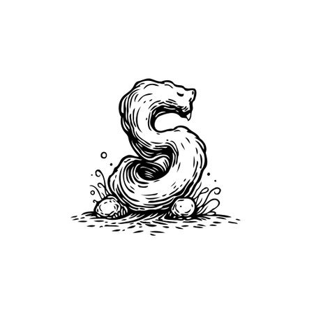 A striking ink drawing depicts a serpentine creature, possibly a watersnake or mythical serpent, emerging amidst scattered stones. The artwork showcases detailed linework and texture, suggesting aのイラスト素材