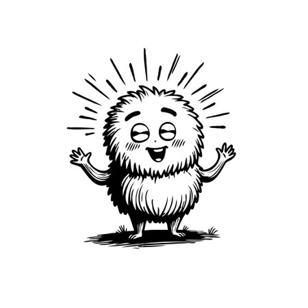 A whimsical cartoon illustration depicts a fluffy, cheerful creature with its arms outstretched. Emanating from its form are radial lines that denote radiating light and energy, a visualのイラスト素材
