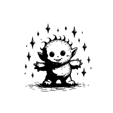 A charming monochrome illustration features a whimsical goblin character, radiating cheerfulness. The goblin stands amidst twinkling starlight, adding a touch of ethereal magic.  The design evokes aのイラスト素材