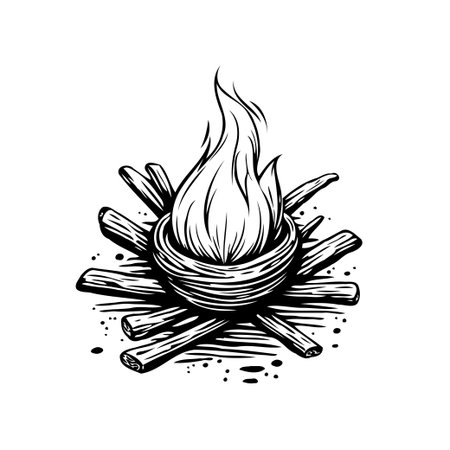 A monochrome graphic illustration of a stylized campfire, featuring arranged wood logs supporting a central fire. The flames rise elegantly, suggesting a sense of warmth and comfort. Ideal forのイラスト素材