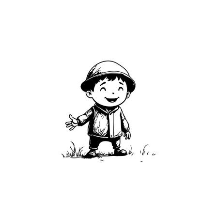 A cheerful young boy, rendered in a simple, playful style, stands with a welcoming gesture. The clean lines and monochrome palette create a timeless illustration of childhood innocence and joyousのイラスト素材