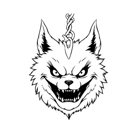 This striking illustration features an animal's head with a menacing expression enhanced by sharp features, rendered in a detailed monochrome vector design. Suspended by a chain, it evokes themes ofのイラスト素材
