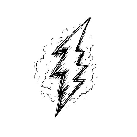 This sketch style illustration features an isolated electric lightning bolt, a potent symbol of energy and power. The design, complemented by surrounding cloud effects, suggests an impending stormのイラスト素材