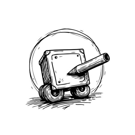 A distinctive conceptual drawing symbolizing creativity and progression. A wheeled box is pierced by a pen, representing the journey of ideas, imaginative brainstorming, and the innovative process.のイラスト素材