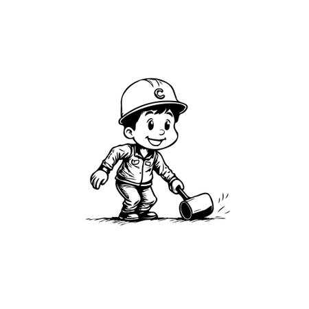 A cheerful young builder wearing a hardhat is diligently using a hammer, embodying the spirit of construction and industry. This illustration captures the essence of skilled labor and the rewardingのイラスト素材