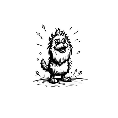 A charming cartoon creature with fluffy fur and a beaming smile, rendered in a clean, black and white vector style. The artwork is designed to evoke feelings of warmth and playfulness, great forのイラスト素材