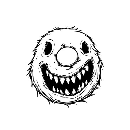 A black and white illustration portrays a peculiar, spherical monster character with a gaping grin revealing rows of sharp, menacing teeth. The eerie figure evokes a sense of unsettling whimsy, likeのイラスト素材