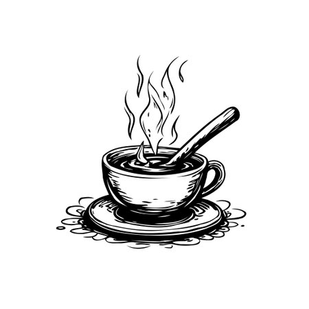 A captivating monochrome illustration showcases a steaming beverage in a classic cup, accompanied by a spoon. The artwork radiates a sense of warmth and invites the viewer to relish in a moment ofのイラスト素材