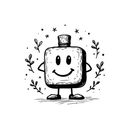 A cheerful square bottle character spreads joy with its simple smile. This whimsical illustration, adorned with decorative elements and a minimalist style, brings a playful touch to any design. Aのイラスト素材