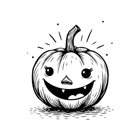 This adorable illustration depicts a cute Halloween pumpkin with a cheerful and smiling face. Perfect for adding a touch of whimsy to your seasonal designs, cards, posters, and decorations. Itsのイラスト素材