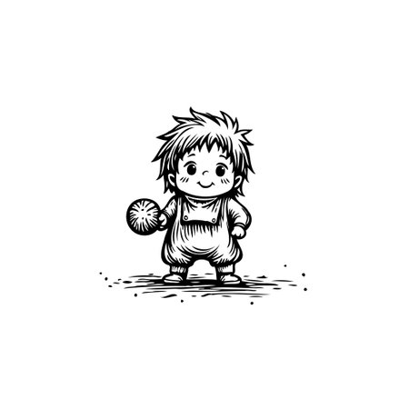A delightful monochrome illustration captures a young child holding a textured ball. The artwork radiates innocence and portrays a joyful state of childhood. The simple and clean graphic style isのイラスト素材