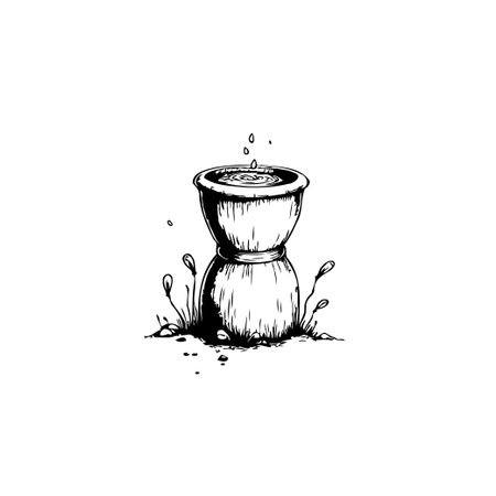 A simple yet elegant ink drawing presents a small water basin. Ripples emanate from the surface, creating a sense of tranquility and harmony. Delicate foliage surrounds the base, suggesting growth,のイラスト素材
