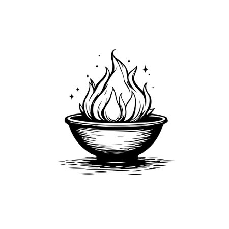An evocative stylized graphic displaying a dynamic flame held within a shallow bowl. Rendered in black and white, the artwork illustrates energy with artistic flair and subtle depth, emphasizingのイラスト素材