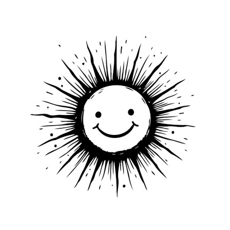 This stylized sun illustration features a friendly expression and radiating beams, perfect for adding a touch of warmth and positivity to any design. Its simple, monochrome aesthetic makes itのイラスト素材