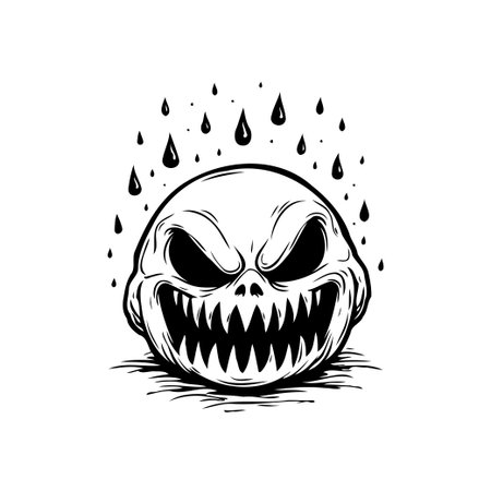 An evocative illustration presents a skull rendered in monochrome tones, exhibiting a wide, menacing grin, sharp teeth, and an intense, unnerving gaze. Dark droplets hover above, adding to theのイラスト素材