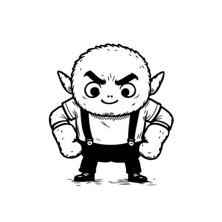 A charming and whimsically drawn goblin character, captured in a delightful minimalist style, showcases a mischievous yet friendly expression. This black and white cartoon illustration is perfectのイラスト素材