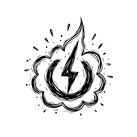 An energetic illustration depicts a stylized cloud containing a lightning bolt intersecting a power symbol, rendered in a sketchy, hand-drawn style. The black and white design conveys a raw andのイラスト素材
