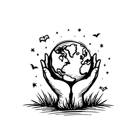 A hand-drawn illustration depicts human hands cradling the Earth, symbolizing care for the environment. The design evokes themes of sustainability, global responsibility, and the importance ofのイラスト素材