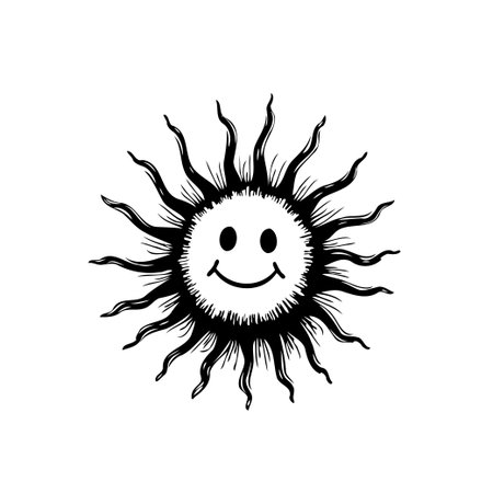 A hand-drawn sun character radiates happiness with a simple smiley face, set against a bright background. This graphic illustration creates a sense of cheerfulness, perfect for diverse creativeのイラスト素材