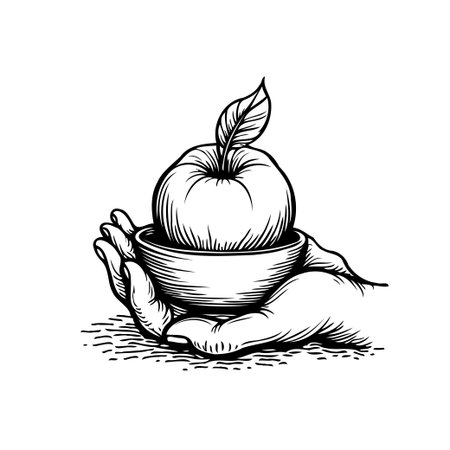 A hand gently holds a bowl containing a ripe apple. The delicate line work emphasizes themes of nurturing, wellness, and the simplicity of natural offerings. The image is evocative of care andのイラスト素材