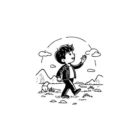 A cheerful child is on a lively journey through a scenic landscape with majestic mountains and fluffy clouds. He's discovering nature. This graphic monochrome linear style artwork captures youthfulのイラスト素材