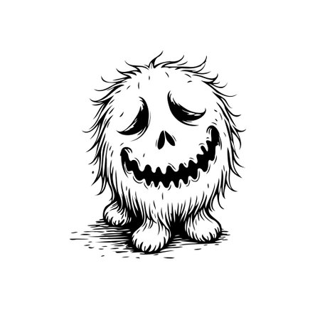 A stylized monochrome illustration of a furry monster character. The creature has a whimsical, somewhat sorrowful expression, with closed eyes and a wide toothy grin. The drawing is textured, withのイラスト素材