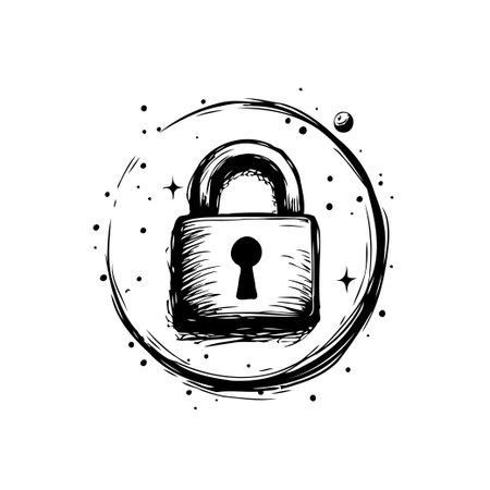 This abstract illustration features a padlock centered within a circular frame. The image conveys a sense of security and protection, hinting at digital safety measures and network security. Theのイラスト素材