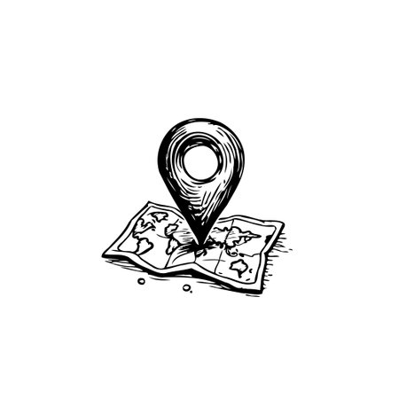 Detailed hand-drawn illustration of a world map with a destination pointer, perfect for travel and adventure themes. This artwork evokes a sense of discovery and planning, ideal for illustratingのイラスト素材