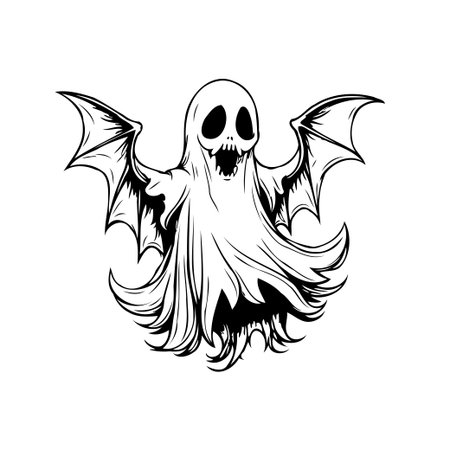 A captivating monochromatic illustration depicts a winged ghost, perfect for spooky season narratives. The detailed sketch evokes a sense of mystery and fantasy, ideal for decorative elements inのイラスト素材