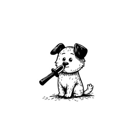 An endearing monochrome illustration features a fluffy puppy holding a toy. The drawing captures the essence of pet's playful nature, bringing a lighthearted feel. The cartoon style makes it aのイラスト素材