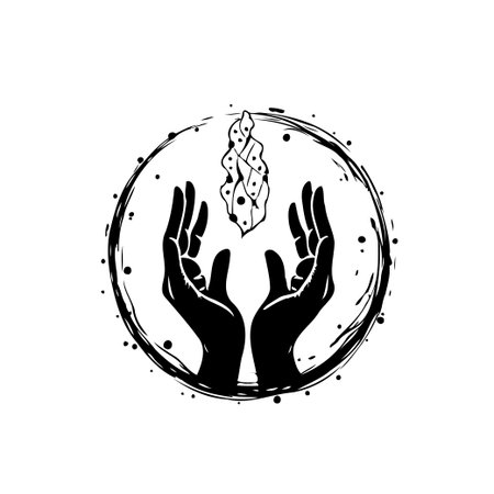 An evocative illustration depicts two hands cradling a unique crystal, set within a spherical frame. The image conjures a sense of mystic energy, spiritual connection, and the power of intention,のイラスト素材
