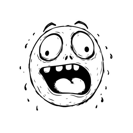 This minimalistic drawing features a cartoon face expressing intense panic and fear. With wide eyes and an open mouth, the character conveys a sense of shock or distress. The sketch style, combinedのイラスト素材