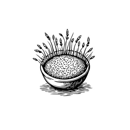 A hand-drawn illustration depicts a bowl brimming with textured material from which slender sprouts emerge. The monochrome sketch lends a rustic and natural feel, suggesting themes of agriculture,のイラスト素材