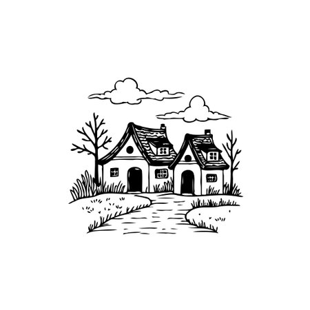 Detailed monochrome line art portrays a quaint village scene, featuring homes nestled amid serene nature. The artwork evokes tranquility with its careful sketch and design, the clouds that fill theのイラスト素材