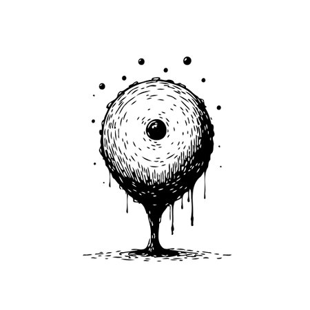 A surreal monochrome illustration depicts a floating eyeball seemingly constructed from ink, supported by a slender dripping base. The bizarre and whimsical drawing style creates a sense of fantasyのイラスト素材