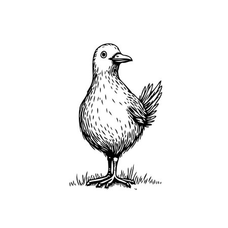 An attractive illustration features a singular bird standing serenely in a field. The art employs a monochrome palette to accentuate intricate line work and textures. It embodies a rusticのイラスト素材