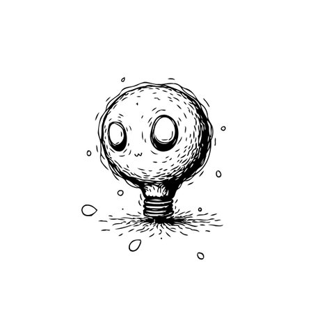 A quirky lightbulb character with large, expressive eyes and whimsical textures. The monochrome drawing style adds to its surreal and playful nature, making it a captivating design. This uniqueのイラスト素材