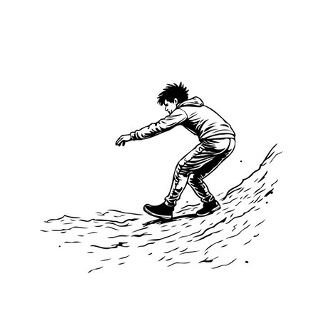 A black and white illustration showcases a young man expertly navigating a steep rocky slope. His posture conveys determination and athleticism, as he engages in an exhilarating outdoor adventure.のイラスト素材