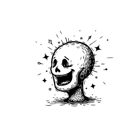 A joyful skull illustration radiates happiness with a beaming smile, surrounded by sparkling shapes, presenting a unique blend of gothic and whimsical aesthetics. This monochrome artwork can be useのイラスト素材