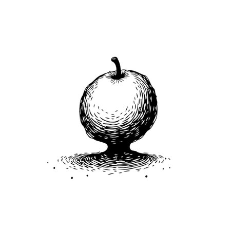 This monochrome image presents a meticulously hand drawn apple, skillfully rendered with vintage aesthetics. The illustration accentuates the interplay of shadow and light, offering a sense of depthのイラスト素材