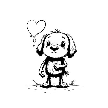 A charming monochromatic illustration features a cartoon dog with expressive eyes standing next to a heart-shaped balloon. The artwork radiates a sense of innocence and affection, making it idealのイラスト素材