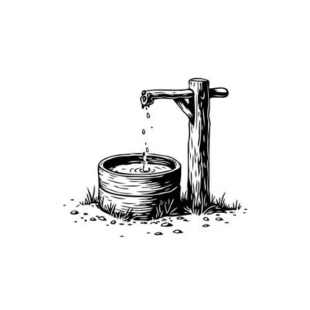 An illustration displaying a vintage water source, a simple wooden fountain with a stone basin. The image depicts a rustic and serene scene, suggesting a connection to nature and a simpler way ofのイラスト素材
