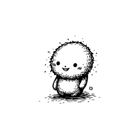 This is a charming monochromatic doodle featuring a fluffy and adorable character. Its gentle eyes and sweet smile are captivating, creating a whimsical feel. The artwork is simple yet elegant,のイラスト素材
