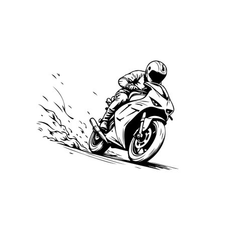 This striking monochrome illustration captures the raw energy and unbridled speed of a motorcycle in motion. The detailed linework conveys the power of the machine and the focus of the rider,のイラスト素材
