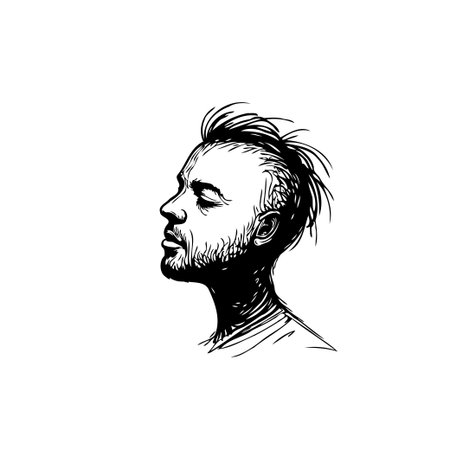 Monochrome sketch depicting a man in profile, eyes closed, conveying introspection. The artwork captures a contemplative moment with detailed linework and shaded beard. It evokes thoughtfulnessのイラスト素材