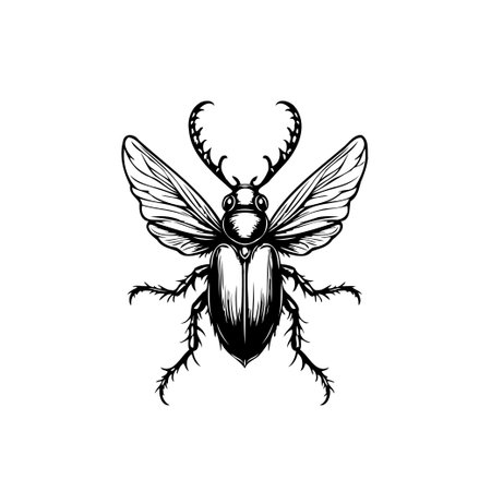 A captivating black and white engraving of a stag beetle with wings spread, presenting symmetrical design elements. Ideal for illustrative work and design projects, this artwork showcases theのイラスト素材