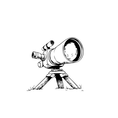 A hand-drawn illustration presents a telescope standing on a tripod. The artistic monochrome style captures the essence of astronomical observation. It evokes curiosity, inviting viewers to exploreのイラスト素材