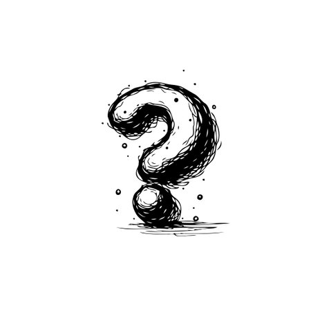 A hand-drawn question mark, rendered with expressive ink lines, floats in a clean, minimal space. The artistic sketch invokes a sense of wonder, mystery, and the endless possibilities of inquiry. Itのイラスト素材